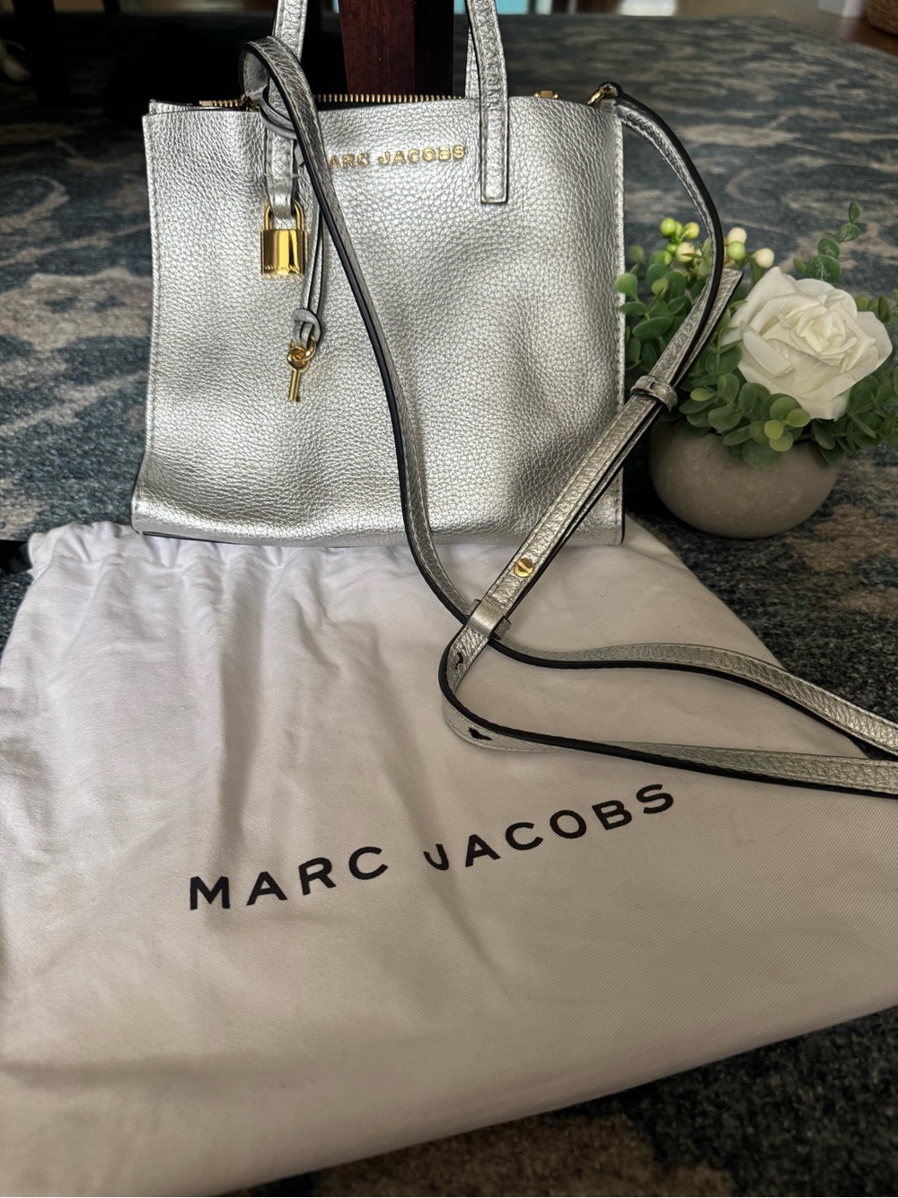 Marc Jacobs Silver Metallic Leather Crossbody with Gold Hardware